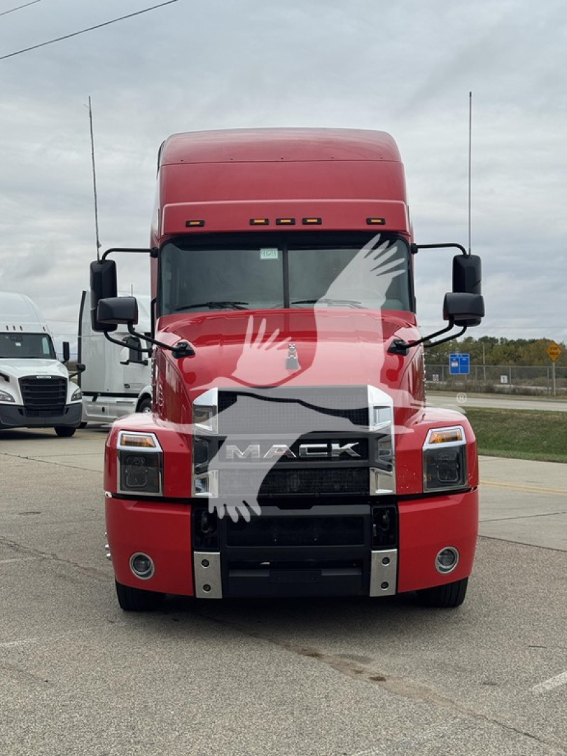 Front view of a red 2019 Mack Anthem 64T sleeper truck showing chrome grille, bumper, headlights, and large windshield with mirrors.