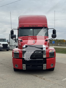 Front view of a red 2019 Mack Anthem 64T sleeper truck showing chrome grille, bumper, headlights, and large windshield with mirrors.