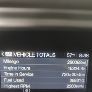 Mack AN64T truck dashboard display showing vehicle totals: Mileage 280,093 mi, Engine Hours 16,324.4 h, Time in Service 720d20h5m, Fuel Used 36,831 gal, Highest RPM 2,300 RPM.