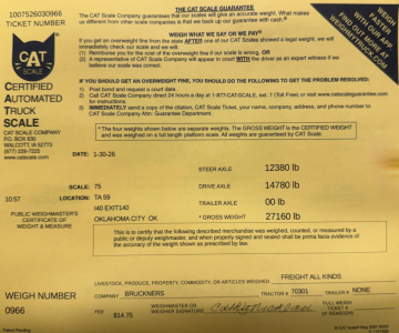 CAT Scale certificate on Mack truck showing weight data: WEIGHT 12380 lb steer, 14780 lb drive, 27160 lb gross; location OK; scale 75; truck details and VIN 1M2GR4GC9TM053865.