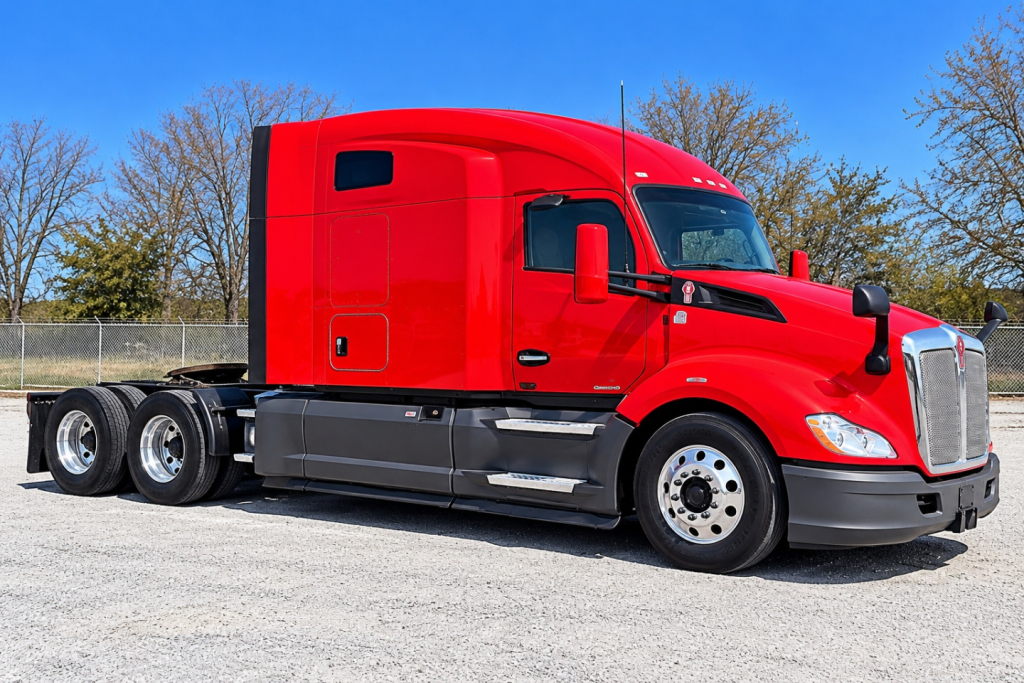 Kenworth T680 tractor-trailer in red with sleeper cab, side view showing chrome grille and dual rear axles.