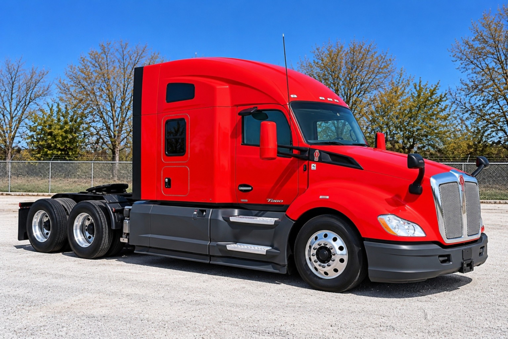 Kenworth T680 red sleeper tractor truck side view with chrome wheels and black steps.