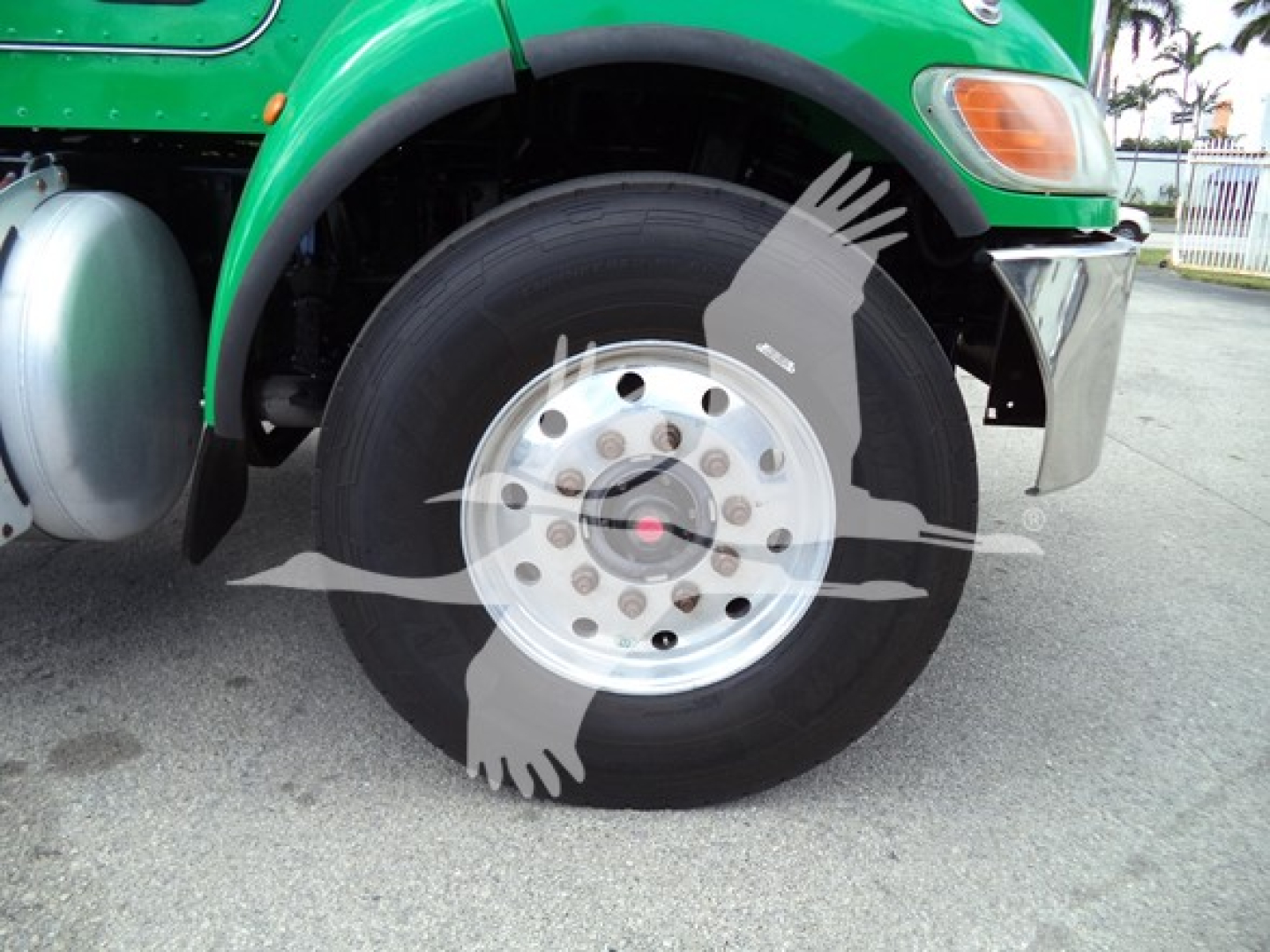 Front wheel of a green Peterbilt truck with a silver hub and tire; watermark overlay of a bird and globe across the center.