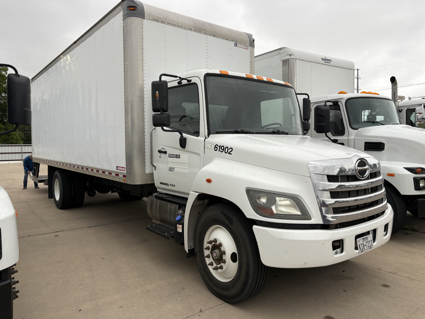 Truck cab and box trailer of a 2019 Hino 268A in a dealership lot, white body, dual rear wheels, inventory number 61902 visible on door.