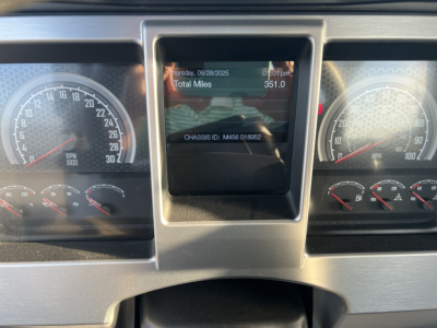 Dashboard of a Mack MD6 showing instrument cluster and central display reading Thursday 08/28/2025 Total Miles 351.0 CHASSIS ID: M46S QB 6502