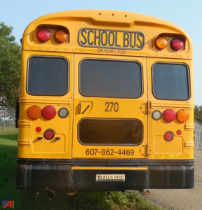 Rear view of a yellow 2018 Blue Bird Vision school bus showing taillights, emergency door label, bus number 270, and contact phone on the back.