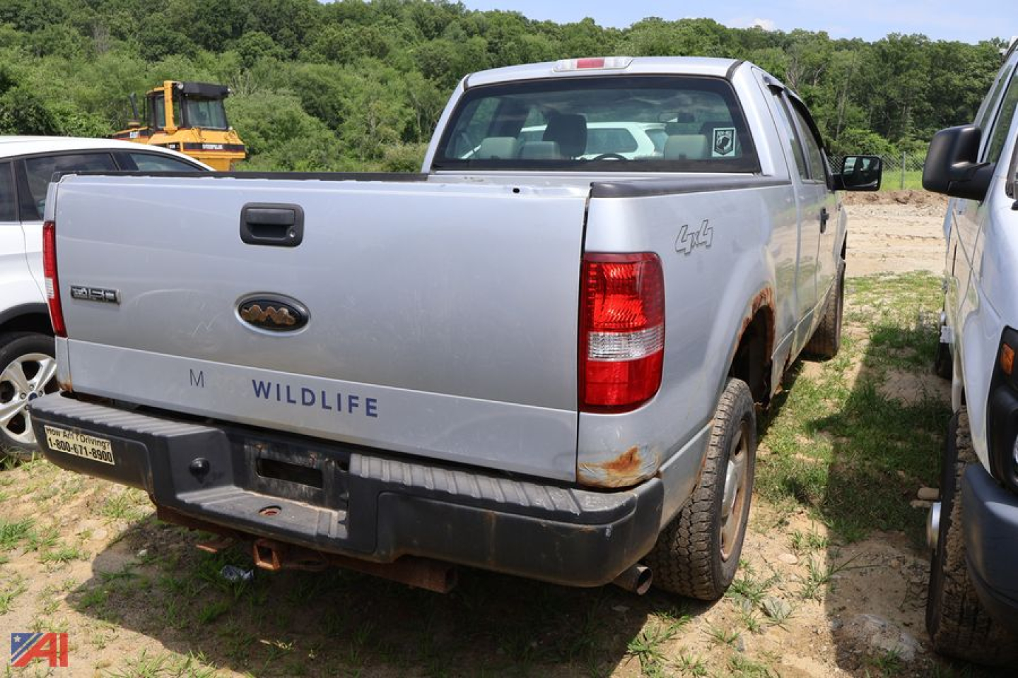 Ford F-150 pickup truck rear view with Wildlife decal, 4x4 badge, and rust under tailgate showing bed area.