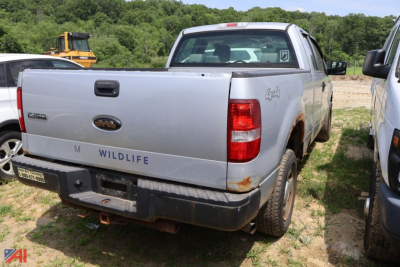 Ford F-150 pickup truck rear view with Wildlife decal, 4x4 badge, and rust under tailgate showing bed area.