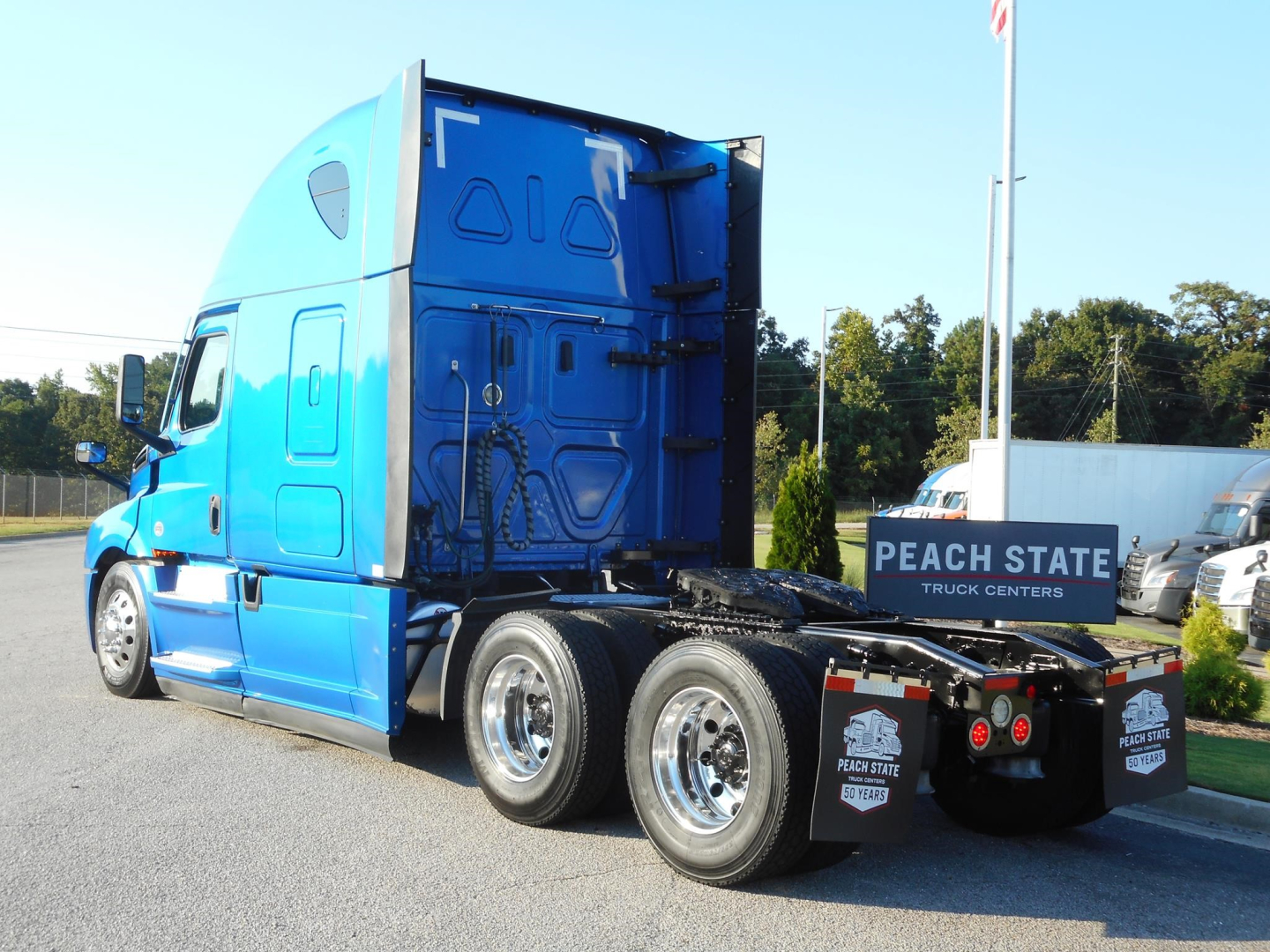 Truck cab side and rear showing blue Freightliner Cascadia sleeper with stretched cab and dual rear axles in a dealership lot.