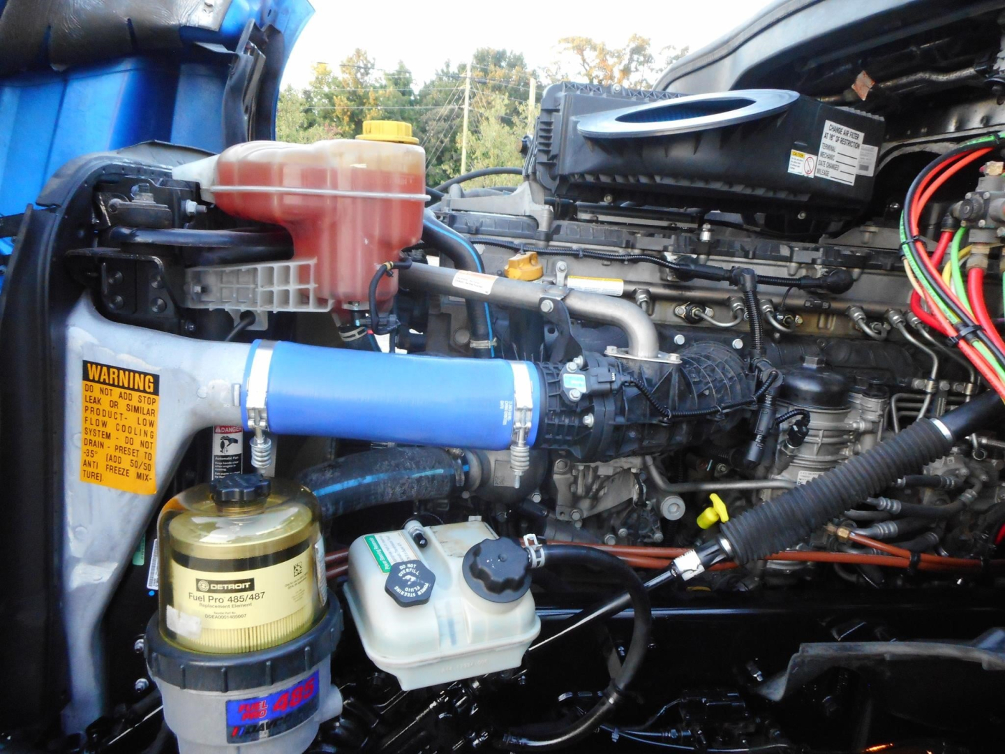 Cascadia engine bay showing coolant reservoir, blue silicone hose, oil reservoir, and various engine components in a Freightliner truck; visible labels and wiring harnesses.