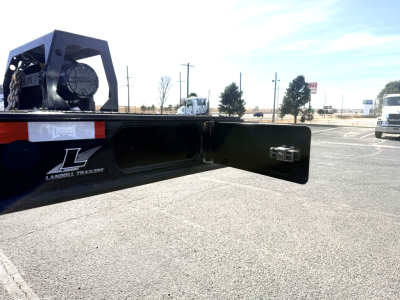 Landoll 440B-53 40 Ton traveling axle lowboy trailer rear view showing toolbox and hitch area