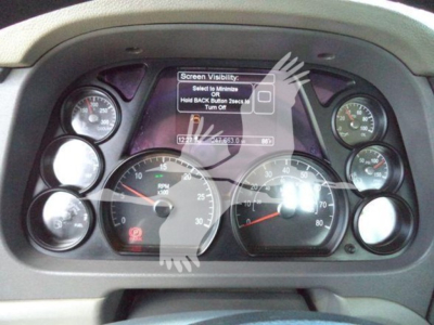Peterbilt 567 instrument cluster showing gauges and a central display screen with text: Screen Visibility: Select to Minimize, Hold BACK Button 2 Sec, Turns Off.