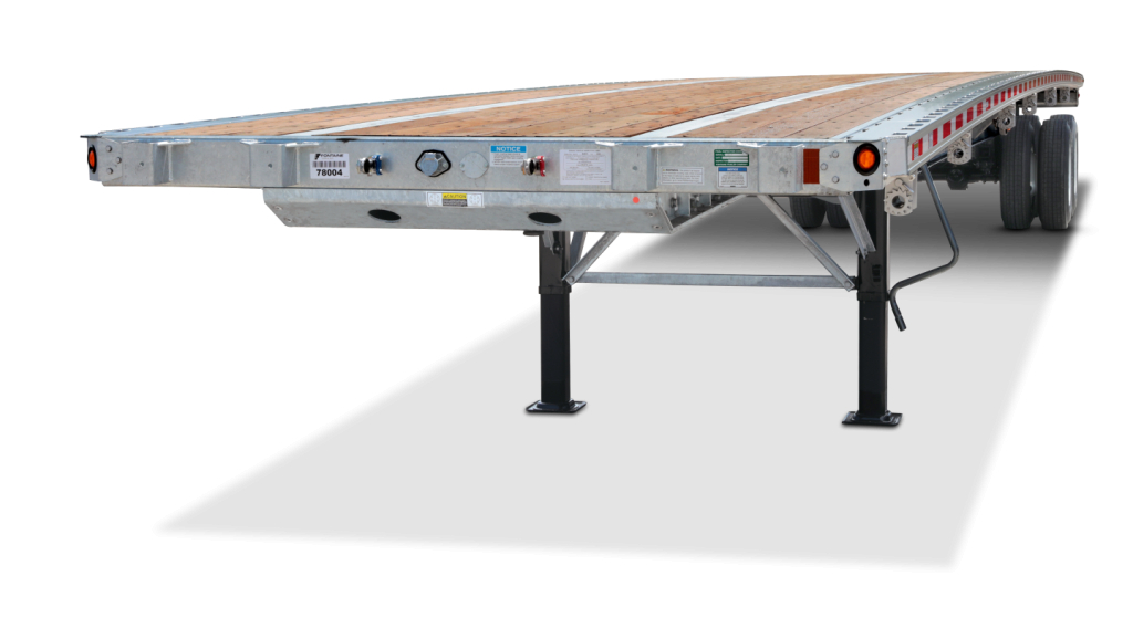 Flatbed trailer extension showing galvanized 48' combo with sliding tandem air, wooden deck, two side-by-side jack stands, and rear underride bumper.