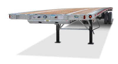 Flatbed trailer extension showing galvanized 48' combo with sliding tandem air, wooden deck, two side-by-side jack stands, and rear underride bumper.