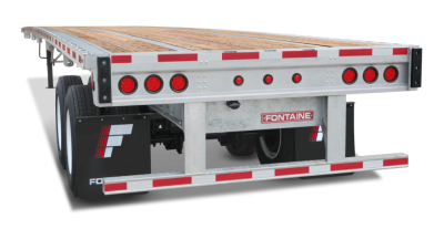 Trailer rear view showing Fontaine 48' combo flatbed with galvanized finish, sliding tandem, reflective red/whiteSafety markings, wooden deck, and certification labels.