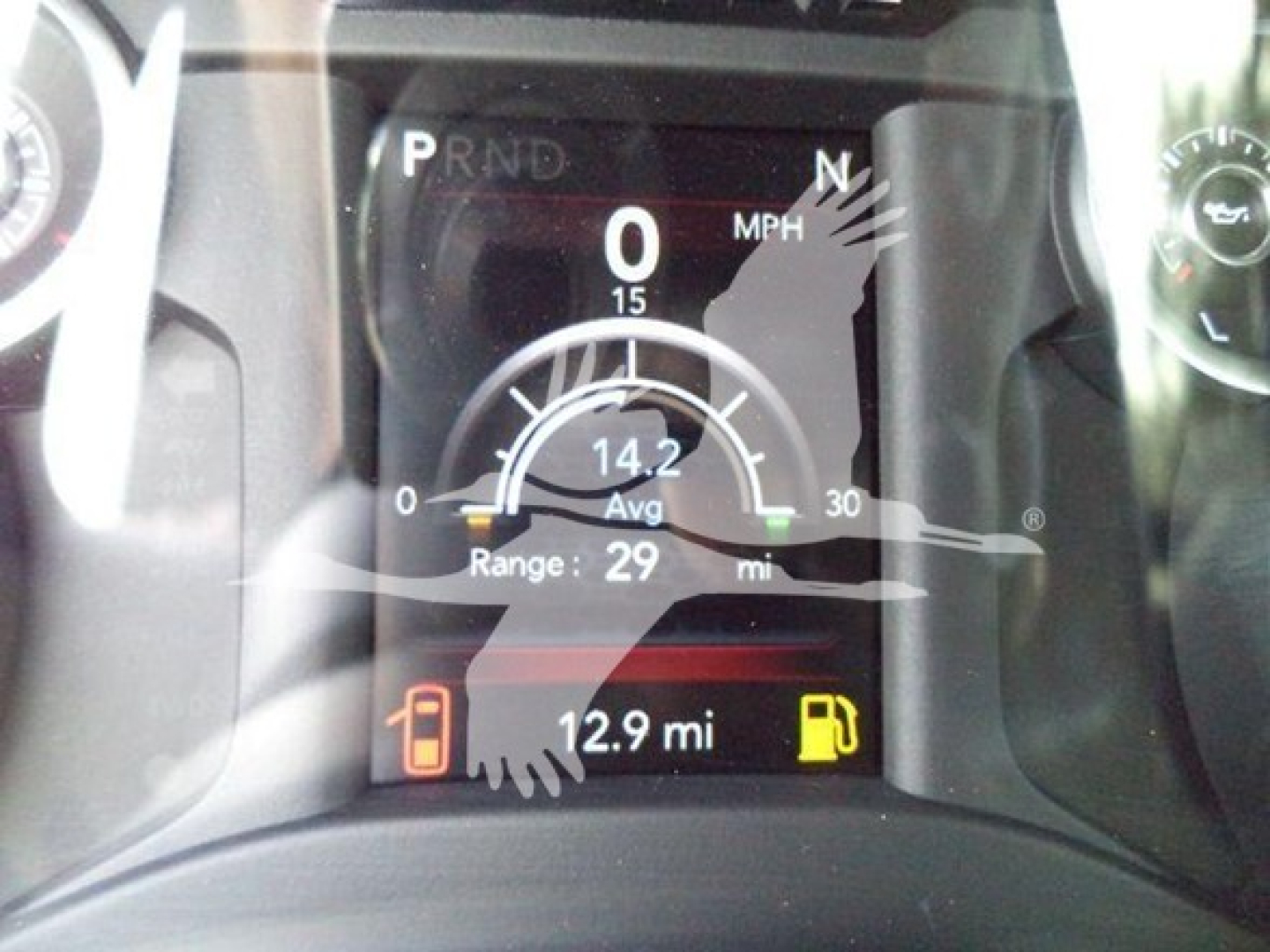 Dashboard display of a Ram 4500 truck showing 0 MPH, 14.2 avg, 29 mi range, 12.9 mi trip, fuel gauge icons, and PRND gear indicator.