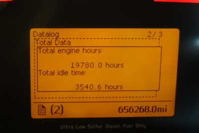 Data screen showing Total engine hours 19780.0 hours and Total idle time 3540.6 hours on a Volvo truck display. Odometer 656,268.0 miles. Ultra Low Sulfur Diesel Fuel Only label.