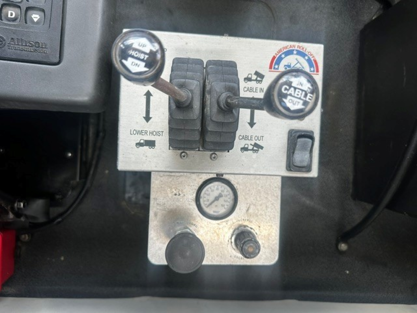 Truck controls panel with joystick levers labeled LOWER HOIST and CABLE IN CABLE OUT, plus gauge and push knobs.
