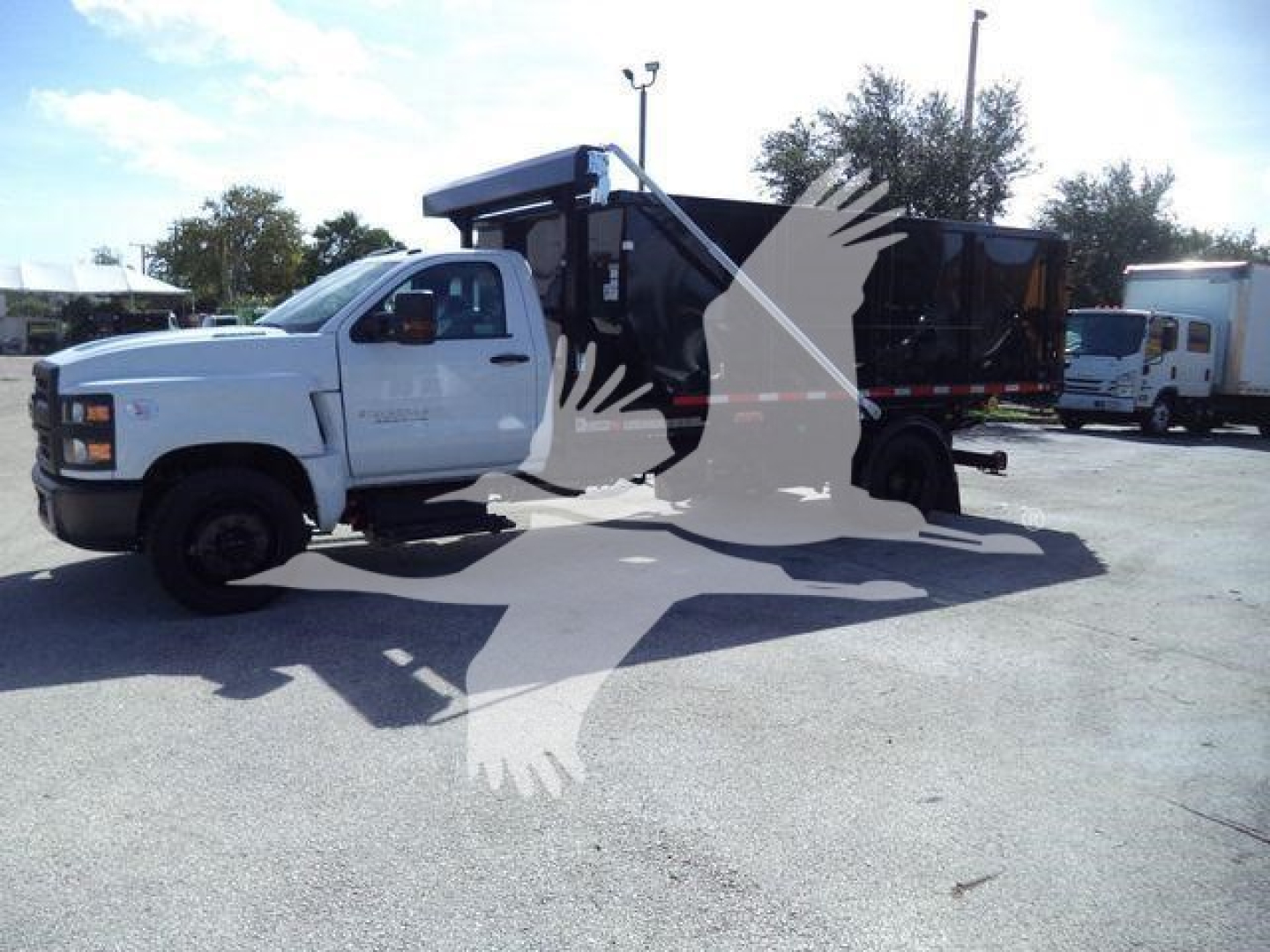 Truck cab and roll-off bed with graphic watermark showing a white silhouette of a bird in flight.