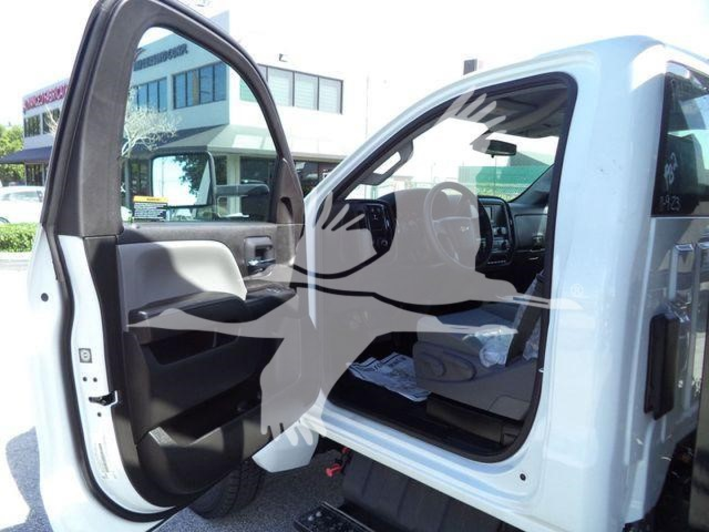 Truck cab interior with open driver's door showing steering wheel and dashboard; side mirror and exterior body visible.