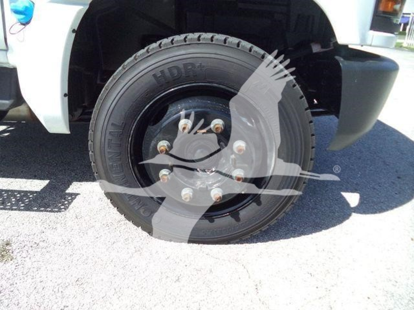 Truck front wheel showing heavy-duty wheel with black steel rim and lug nuts on a white Chevy Silverado 6500HD from a side angle.