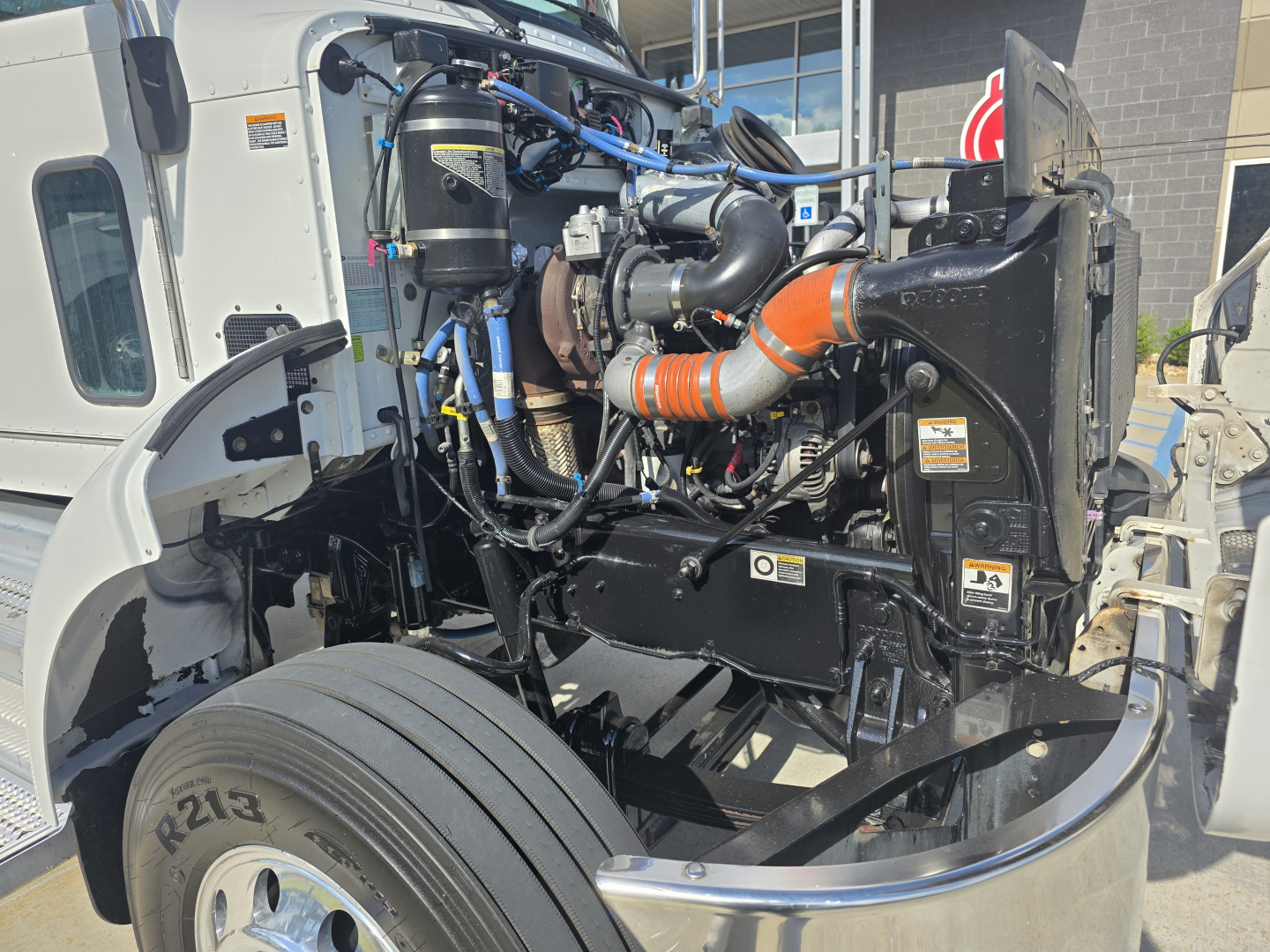 Peterbilt 337 engine bay showing intercooler piping and intake components
