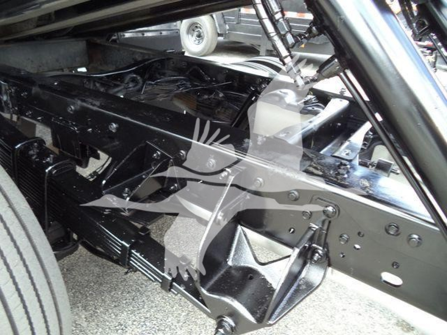 Ram 5500 chassis frame and suspension components showing heavy-duty steel frame and leaf springs.