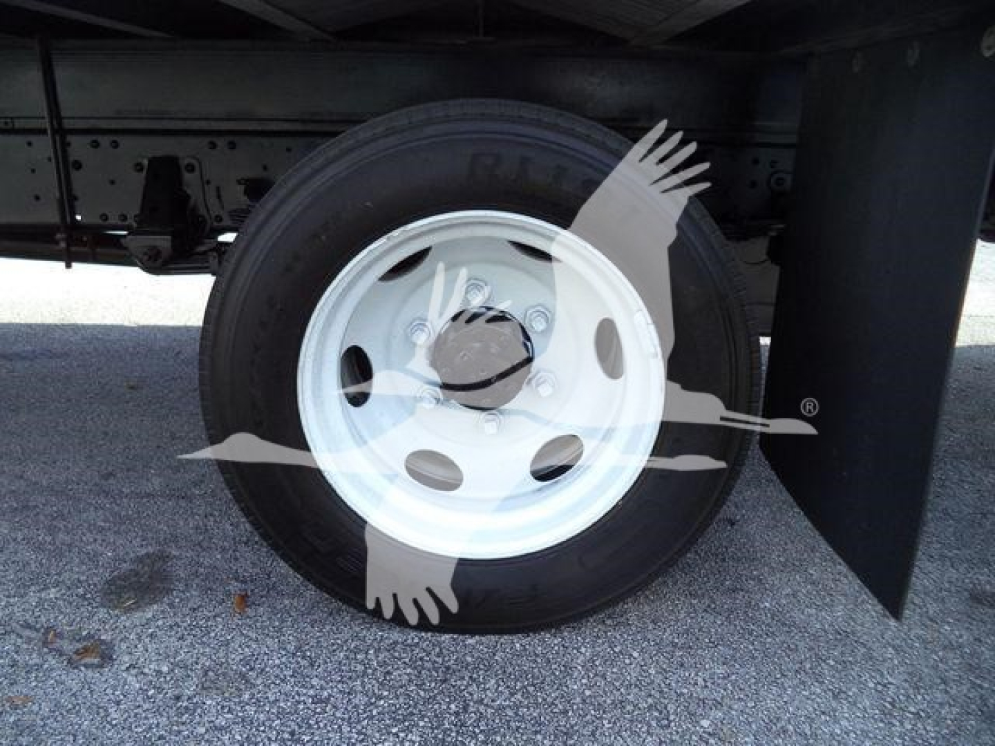Isuzu NPRR rear wheel and tire visible under truck.
