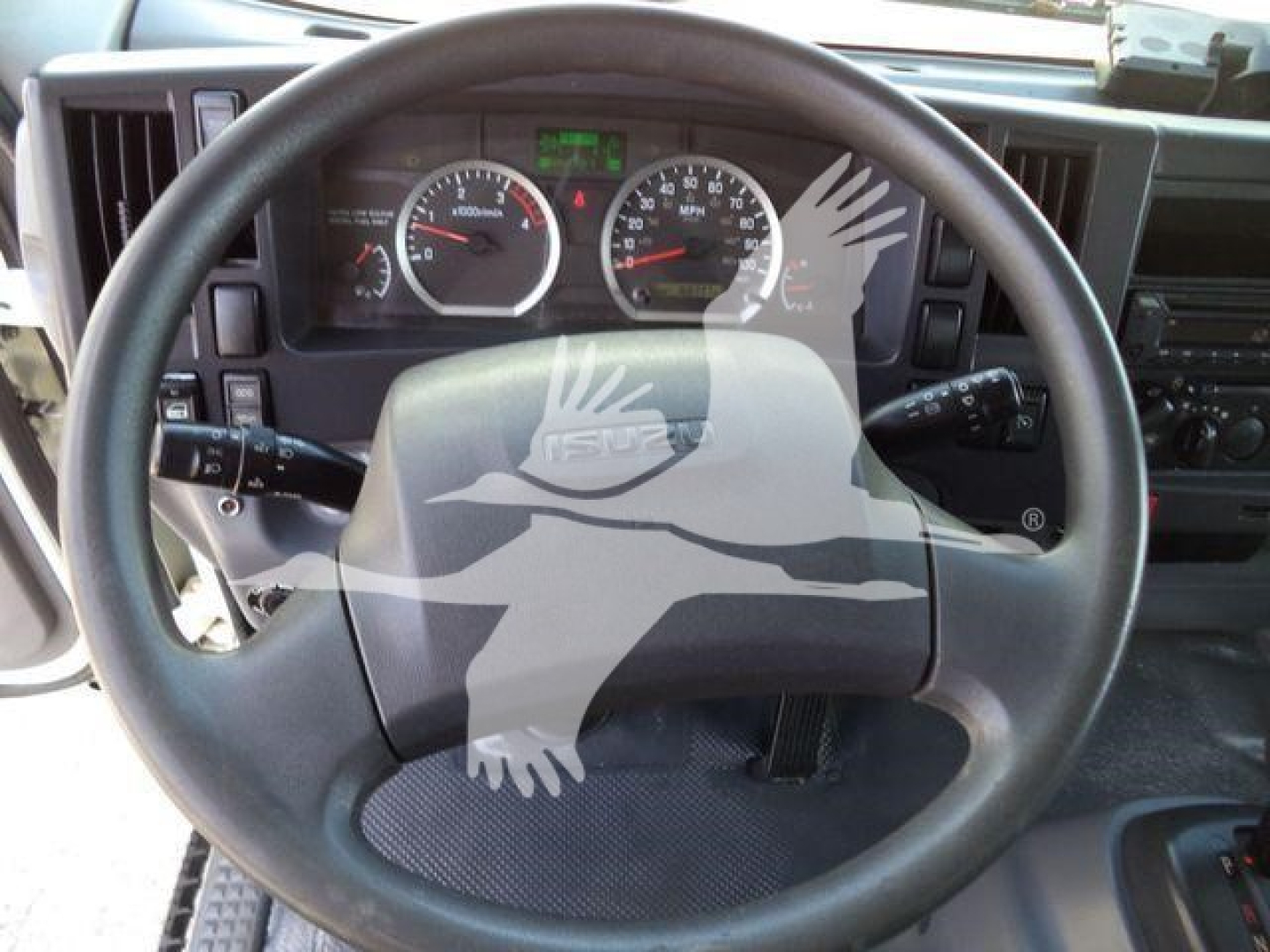 Isuzu NPRR truck steering wheel and dashboard view with instrument cluster.