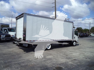 Isuzu NPRR box truck in-service show rear and side view with stock number 210707FM
