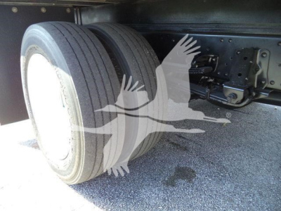 Isuzu NRR undercarriage showing dual rear tires and suspension components.