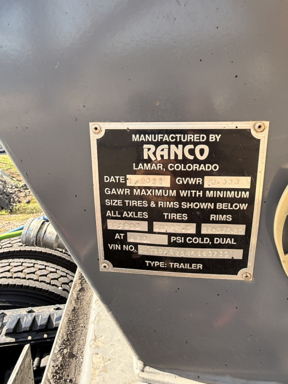 Ranco manufactured plate on end dump trailer showing MANUFACTURED BY RANCO LAMAR COLORADO with GVWR and other specs and VIN placeholder text
