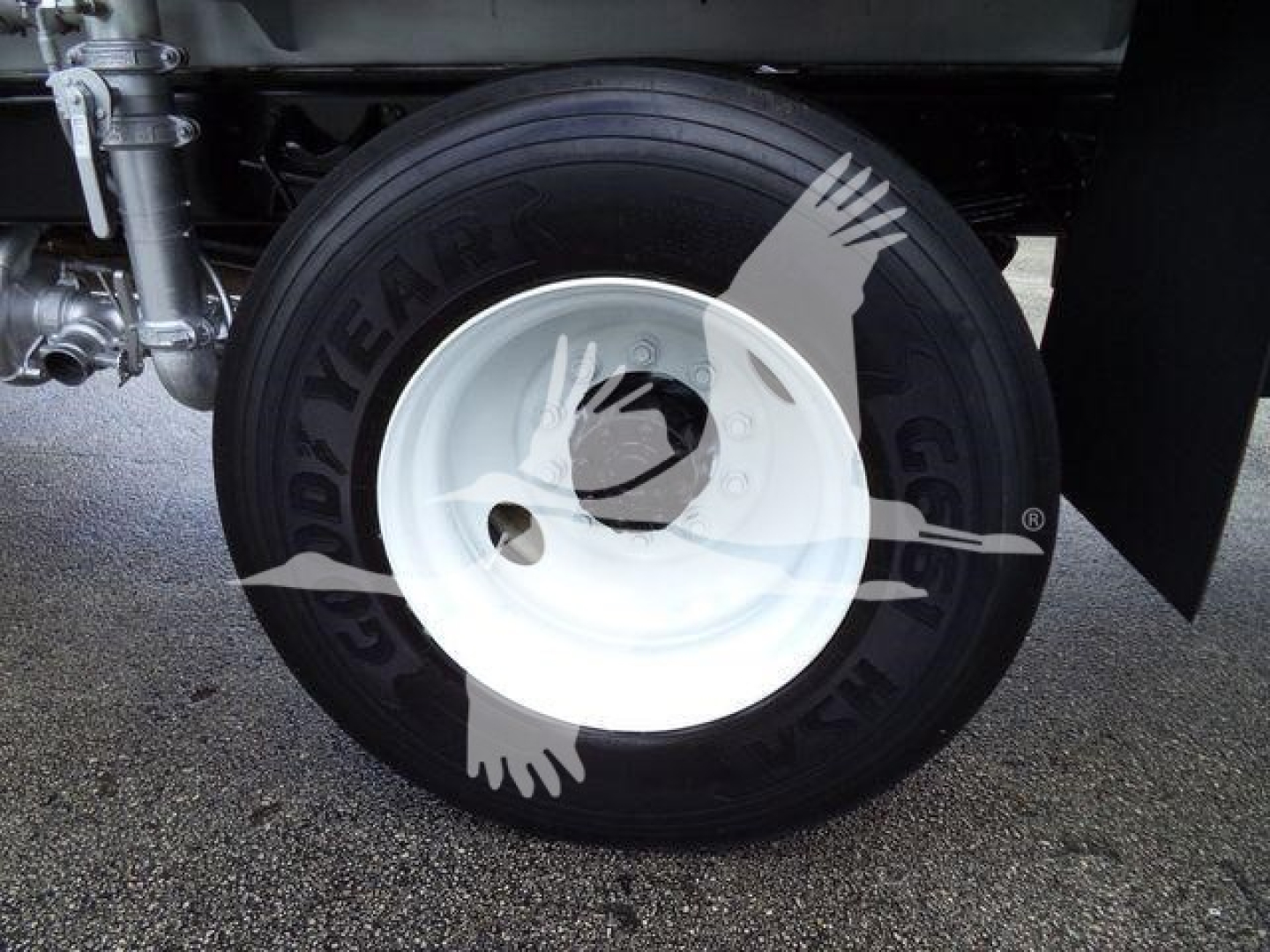 Goodyear tire close-up on Ford F-650 wheel with white rim and suspension components visible.