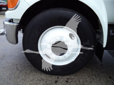 Ford F650 wheel and tire close-up showing steel wheel with Goodyear tire on front fender.