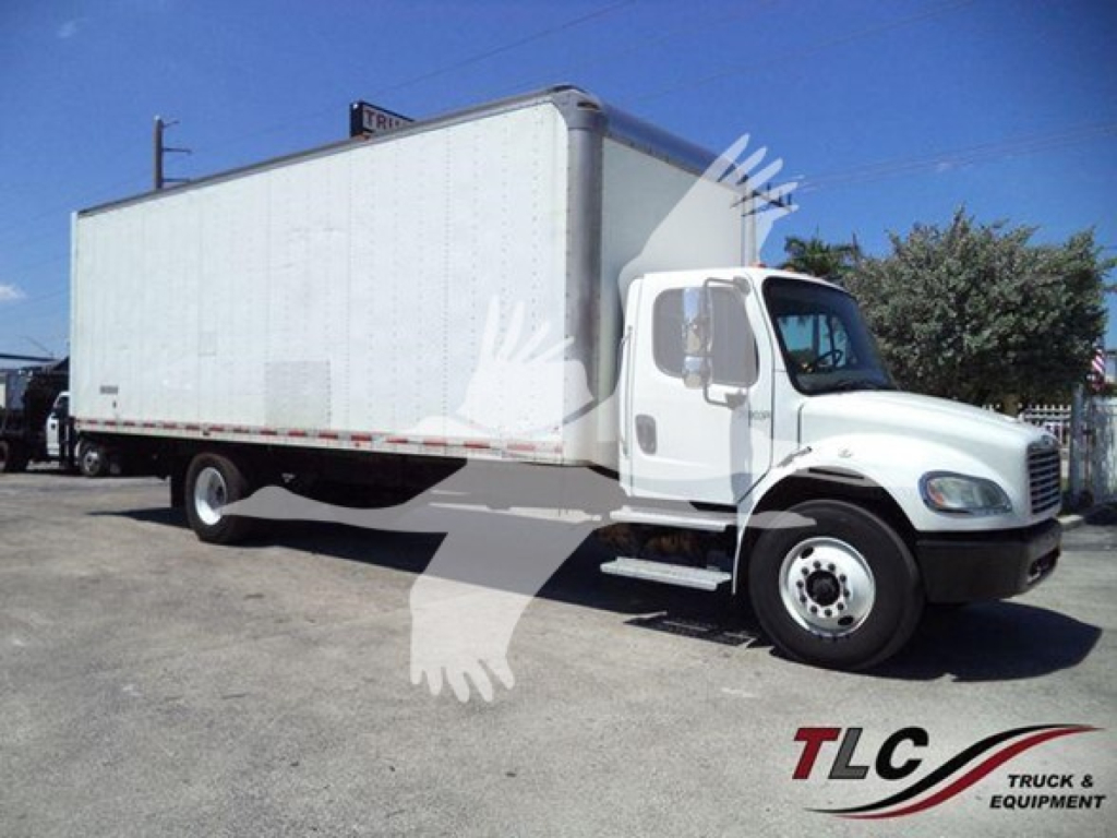 Box truck 2018 Freightliner M2 106 side view showing cargo box and cab, white exterior with stock number 26803R visible.
