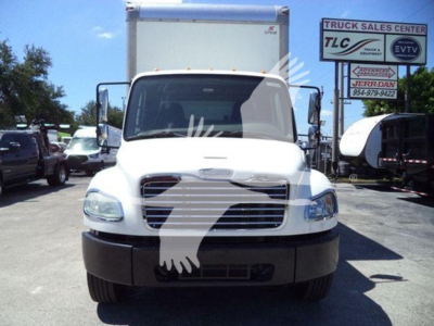 Front view of 2018 Freightliner M2 106 box truck showing headlights, grille, bumper, side mirrors, and box behind cab.