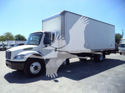 box truck 2018 Freightliner M2 106 side view with a large box cargo area in a parking lot.