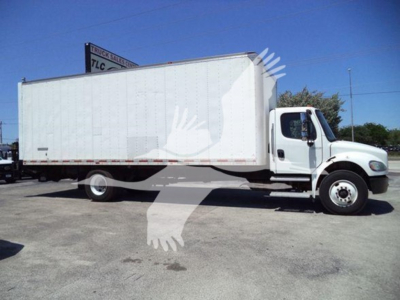 Box truck 2018 Freightliner M2 106 side view showing large cargo box and cab with white exterior.