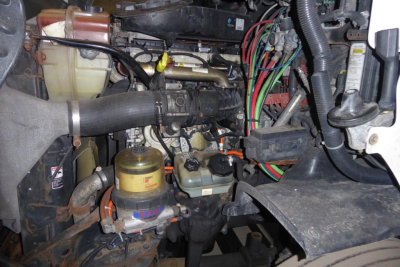 Truck engine bay showing diesel engine with yellow-capped reservoir, black hoses, wiring harnesses, and various components in a Freightliner Cascadia cab interior view.
