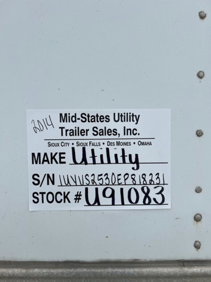 Label on trailer showing Mid-States Utility Trailer Sales, Inc. Make Utility S/N UYVS... STOCK # U91083.
