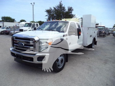 Ford F-450 utility service truck with utility box in bed and chrome grille, front view.