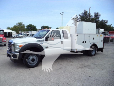 Ford F-450 service utility truck with a large utility bed and compartments, front cab, and service boxes visible.