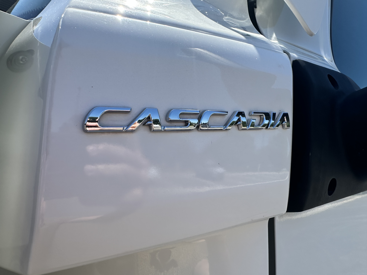 Truck side badge showing CASCADIA emblem on a white Freightliner cab, close-up view