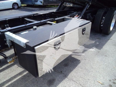 MD6 Mack rollback truck chassis with a large black rectangular toolbox/storage box mounted behind the cab.