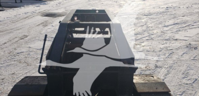 Trailer Ram mount/beavertail platform with steel frame and mounts, viewed from rear in snow.