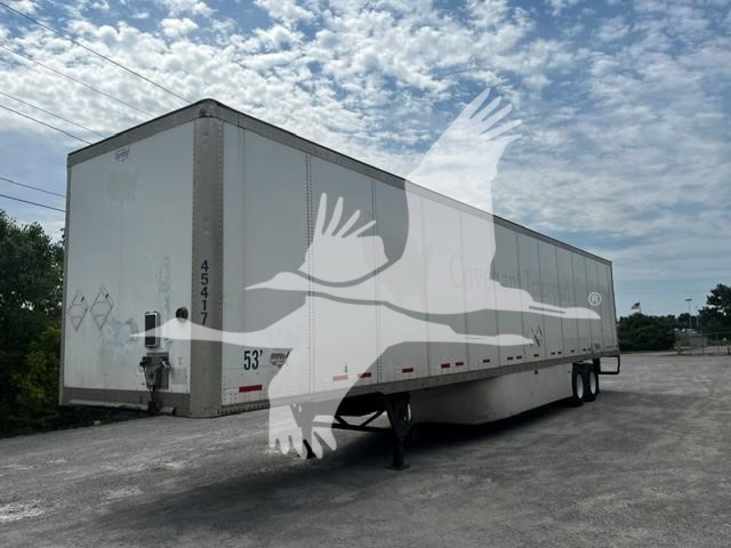 Trailer: 2017 Wabash van with side view showing 53' wheelbase, side doors, rear doors, and landing gear in an open lot.
