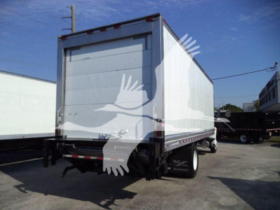 2019 International 4300 refrigerated box truck rear view showing cargo box, rear doors, and chassis.