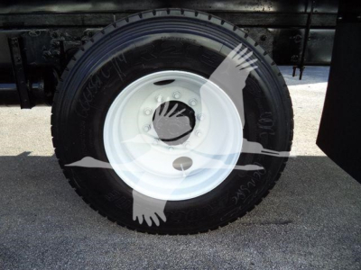 Wheel close-up on a refrigerated truck showing white steel rim and tire with tread; faint watermark of a hand and bird across image.