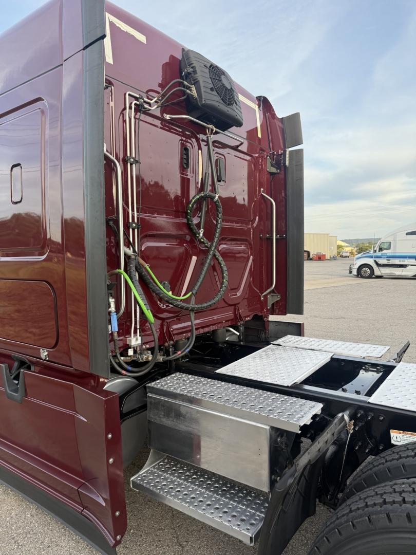 Rear view of a Freightliner Cascadia126 cab with exposed hoses and connectors on the back panel, metal step, and dual rear tires.