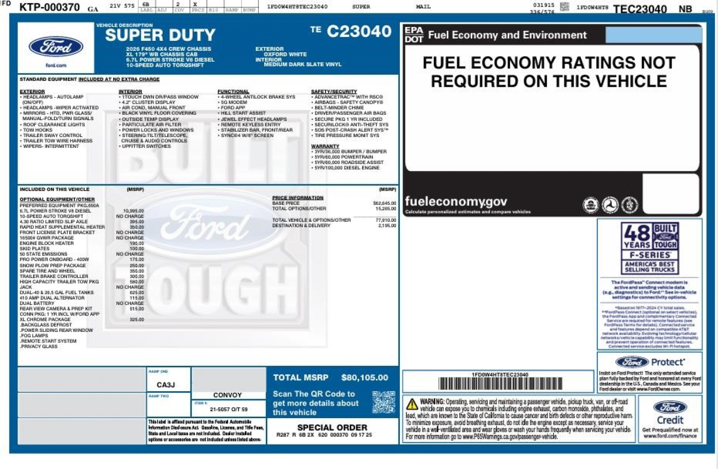 Ford Super Duty truck window sticker and VIN label showing 2026 Ford F-450, stock number 351475, category flatbed, new vehicle.